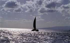 Anoitecer, Mar, barco, nuvens HD Papéis de Parede