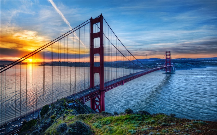 Golden Gate Bridge, San Francisco, Califórnia, EUA, mar, céu, pôr do sol Papéis de Parede, imagem
