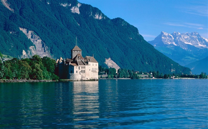 Lago, montanha, castelo, casas, árvores Papéis de Parede, imagem
