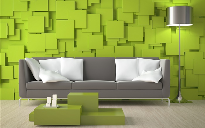 Sala de estar, sofás, paredes verdes, lâmpada Papéis de Parede, imagem