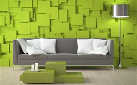 Sala de estar, sofás, paredes verdes, lâmpada HD Papéis de Parede