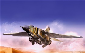 Caça MiG, voando, deserto, nuvens