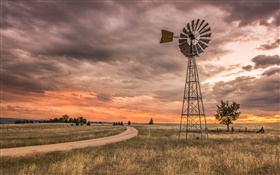 New South Wales, Austrália, grama, moinho de vento, nuvens, pôr do sol HD Papéis de Parede
