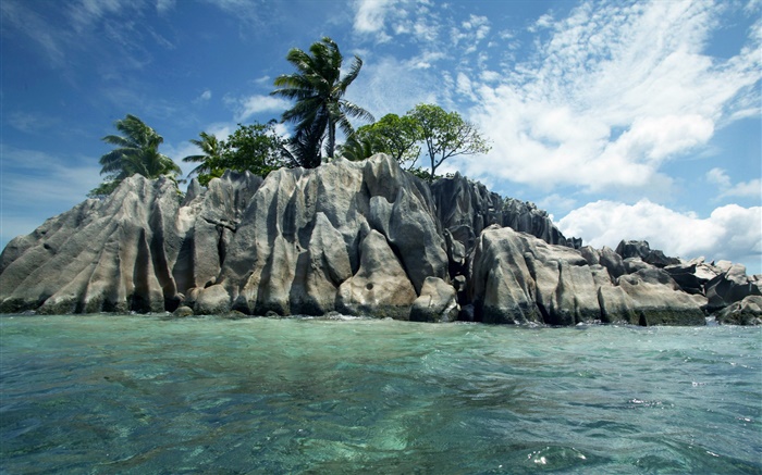 Mar, pedras, árvores, nuvens, Ilha Seychelles Papéis de Parede, imagem