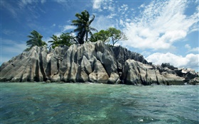 Mar, pedras, árvores, nuvens, Ilha Seychelles