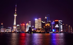 Xangai, China, noite, cidade, luzes, arranha-céus, rio