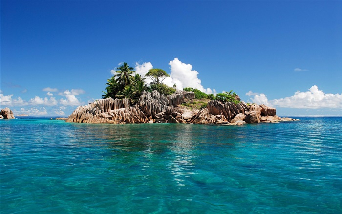 Pequena ilha, mar azul, céu, console de Seychelles Papéis de Parede, imagem