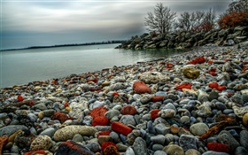 Pedras, lago, árvores, crepúsculo HD Papéis de Parede