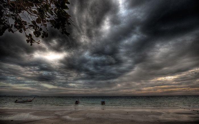 Tempestade, nuvens, costa, praia, barco, à noite Papéis de Parede, imagem