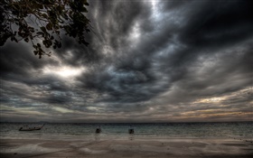 Tempestade, nuvens, costa, praia, barco, à noite HD Papéis de Parede
