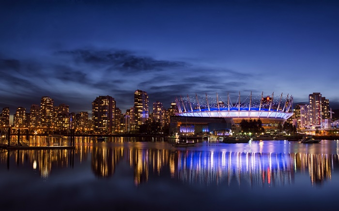 Vancouver, Canadá, cidade, arranha céus, construções, luzes, noite, baía Papéis de Parede, imagem