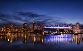 Vancouver, Canadá, cidade, arranha céus, construções, luzes, noite, baía