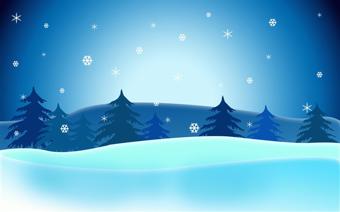 Vector imagens de Natal, árvores, flocos de neve, céu azul Papéis de Parede, imagem