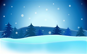 Vector imagens de Natal, árvores, flocos de neve, céu azul
