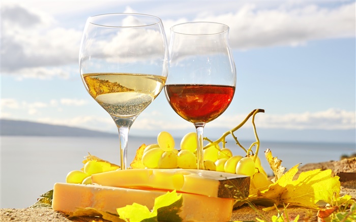 Vinho, vermelho e branco, copos de vidro, uva Papéis de Parede, imagem