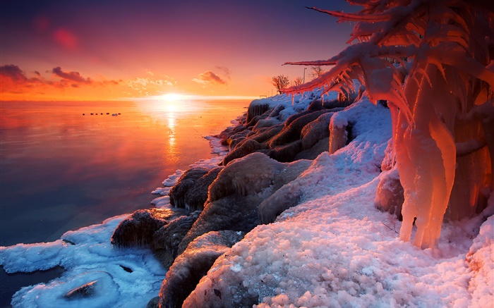 Inverno, nascer do sol, lago, gelo, neve, belas paisagens Papéis de Parede, imagem