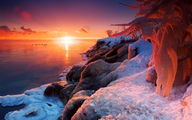 Inverno, nascer do sol, lago, gelo, neve, belas paisagens