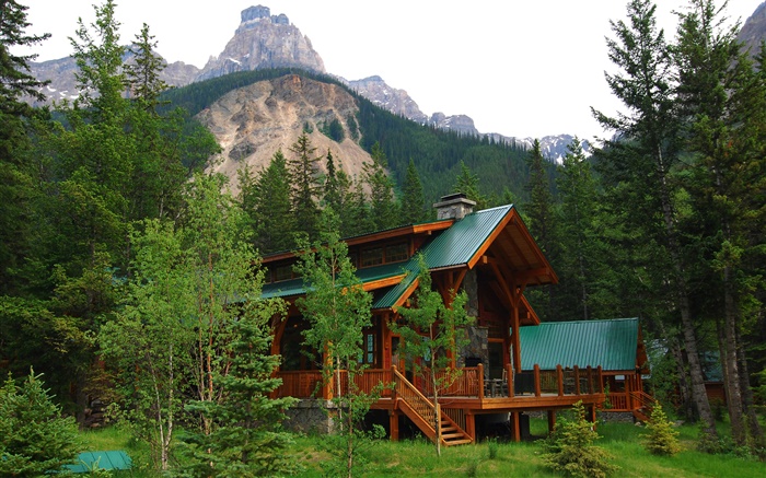 Alberta, Canadá, villa, casa, floresta, árvores, montanhas Papéis de Parede, imagem
