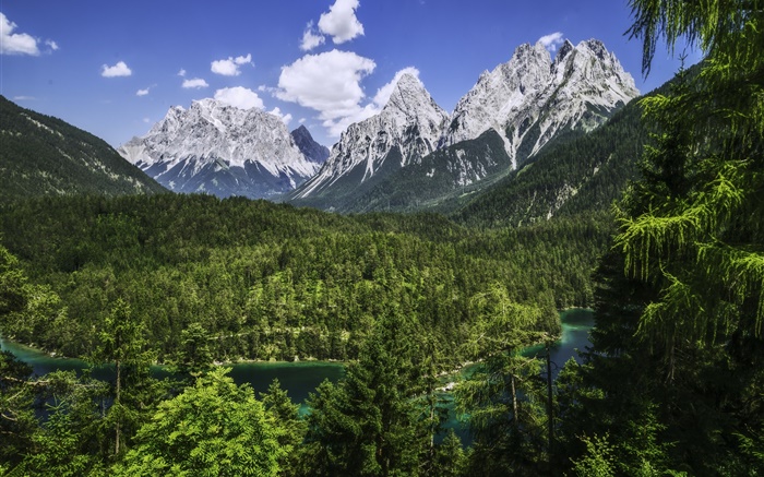 Alpes, Baviera, Alemanha, montanhas, floresta, rio Papéis de Parede, imagem