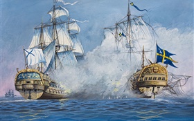 Pintura da arte, vela, navios, batalha, mar