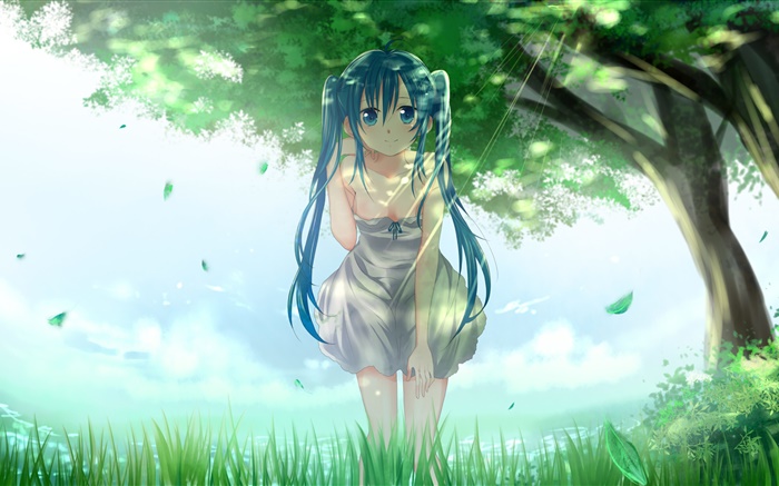 Azul cabelo anime menina, Hatsune Miku, árvores, grama, folhas Papéis de Parede, imagem