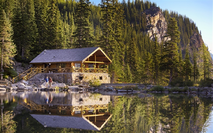Canadá, Banff National Park, Lake Agnes, montanhas, casa, pessoas, cais Papéis de Parede, imagem