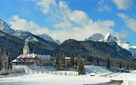 Elmau Castle, Bavaria, Alemanha, montanhas, árvores, inverno, neve HD Papéis de Parede