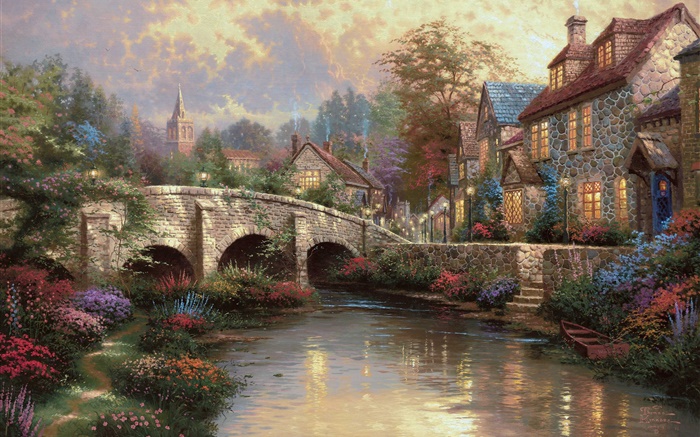 Inglaterra, Wiltshire District, campo, vila, casa, ponte, pintura da arte Papéis de Parede, imagem