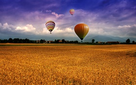Fazenda, campo, balões de ar quente, céu, nuvens, casas, aldeia