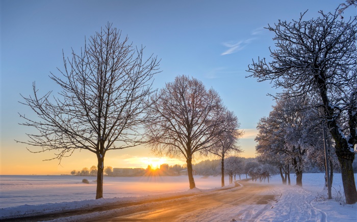 Alemanha, inverno, neve, árvores, estrada, casa, pôr do sol Papéis de Parede, imagem