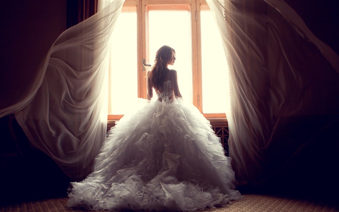 Menina no lado da janela, vestido branco, cortinas Papéis de Parede, imagem