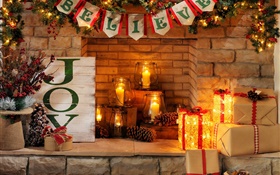 Feliz Ano Novo, Feliz Natal, lareira, velas, caixas de presente