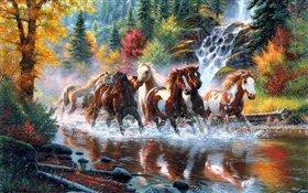 Cavalos, rio, cachoeira, floresta, outono, árvores, pintura da arte