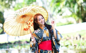 A menina japonesa, quimono, guarda-sol, brilho