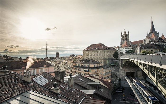 Lausanne, Suíça, casas, trem, sol Papéis de Parede, imagem