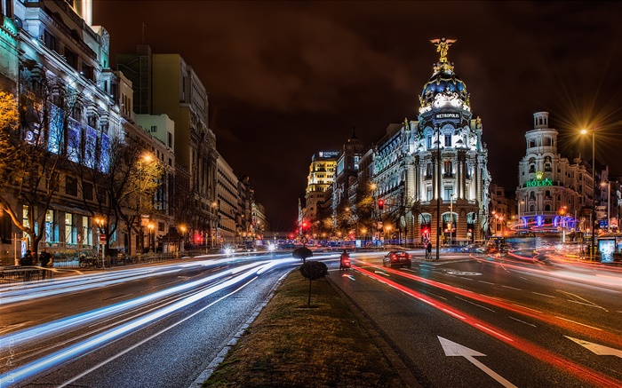 Madrid, Espanha, cidade da noite, luzes, casas, construções, estrada Papéis de Parede, imagem