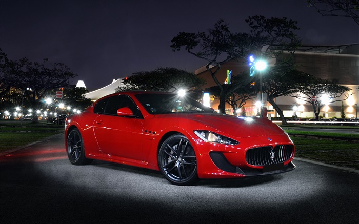Maserati GranTurismo supercar vermelho, noite, luzes Papéis de Parede, imagem