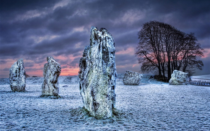 Megalith, pedras, árvores, neve, nuvens, inverno Papéis de Parede, imagem