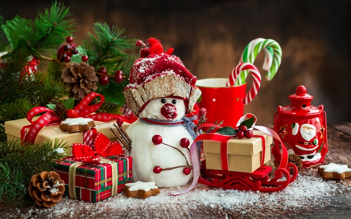 Feliz Natal, ano novo, decoração, boneco de neve, copo, doces, presentes Papéis de Parede, imagem