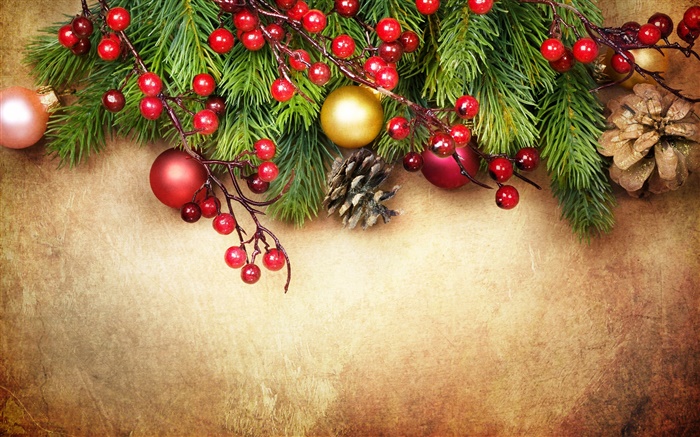Feliz Natal, decoração, galhos de pinheiro, bagas, bolas Papéis de Parede, imagem