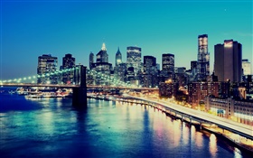 Nova Iorque, EUA, noite, luzes da cidade, arranha-céus, baía