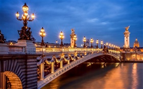 Paris, França, noite, luzes, ponte