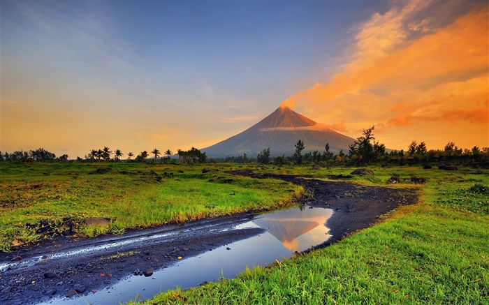 Filipinas, Mayon, vulcão, montanhas, grama, riacho Papéis de Parede, imagem