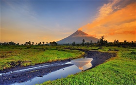 Filipinas, Mayon, vulcão, montanhas, grama, riacho HD Papéis de Parede