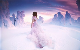 Menina vestido rosa no inverno, neve espessa