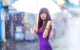 Vestido roxo Menina asiática, guarda chuva, chuva