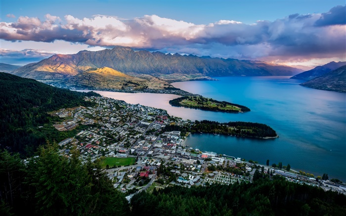 Queenstown, Nova Zelândia, cidade, do Lago Wakatipu, baía, montanhas, casas Papéis de Parede, imagem