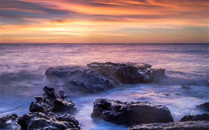 Mar, costa, água, rochas, por do sol Papéis de Parede, imagem