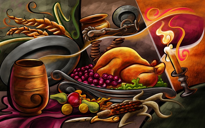 Ação de Graças pintura tema, frango, frutas, velas Papéis de Parede, imagem