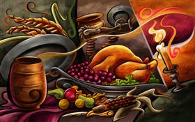 Ação de Graças pintura tema, frango, frutas, velas HD Papéis de Parede